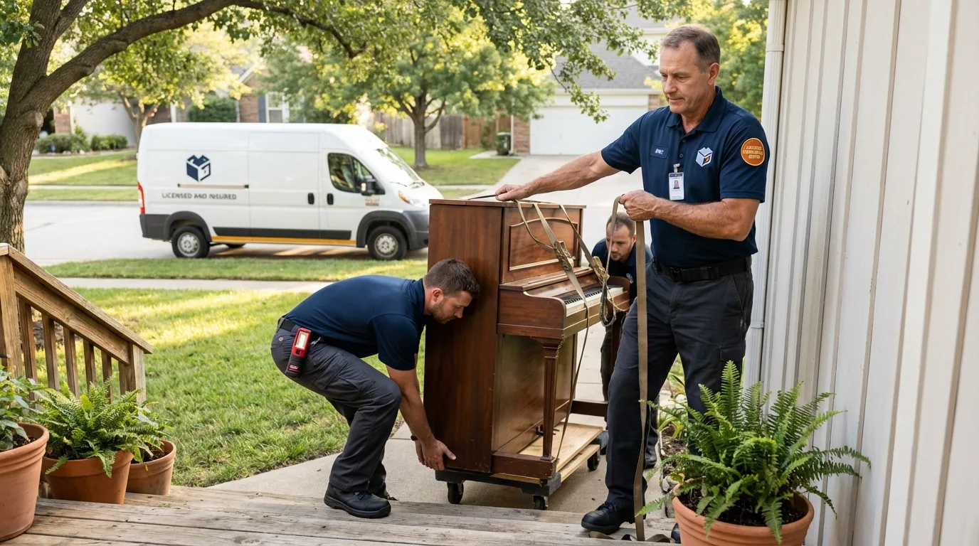Licensed piano movers securing grand piano in Melville, LA